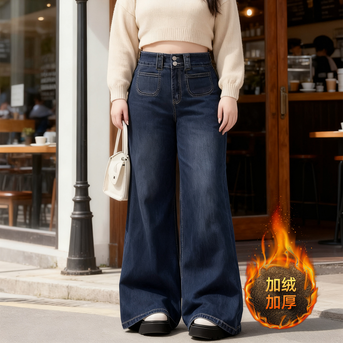 大码复古高腰阔腿加绒加厚牛仔裤