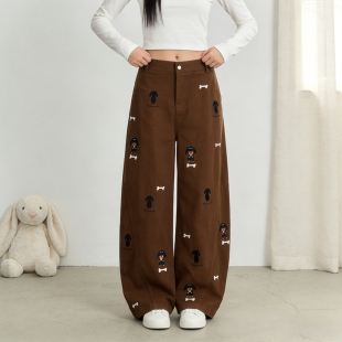 女高腰宽松显瘦垂感直筒裤 胖mm卡通小狗刺绣阔腿裤 子 大码 2026春季