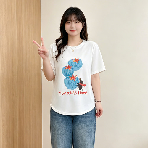 大码胖mm卡通印花纯棉短袖T恤女