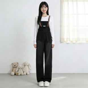 女高腰直筒宽松阔腿连体裤 复古风牛仔背带裤 胖mm美式 2026春夏大码