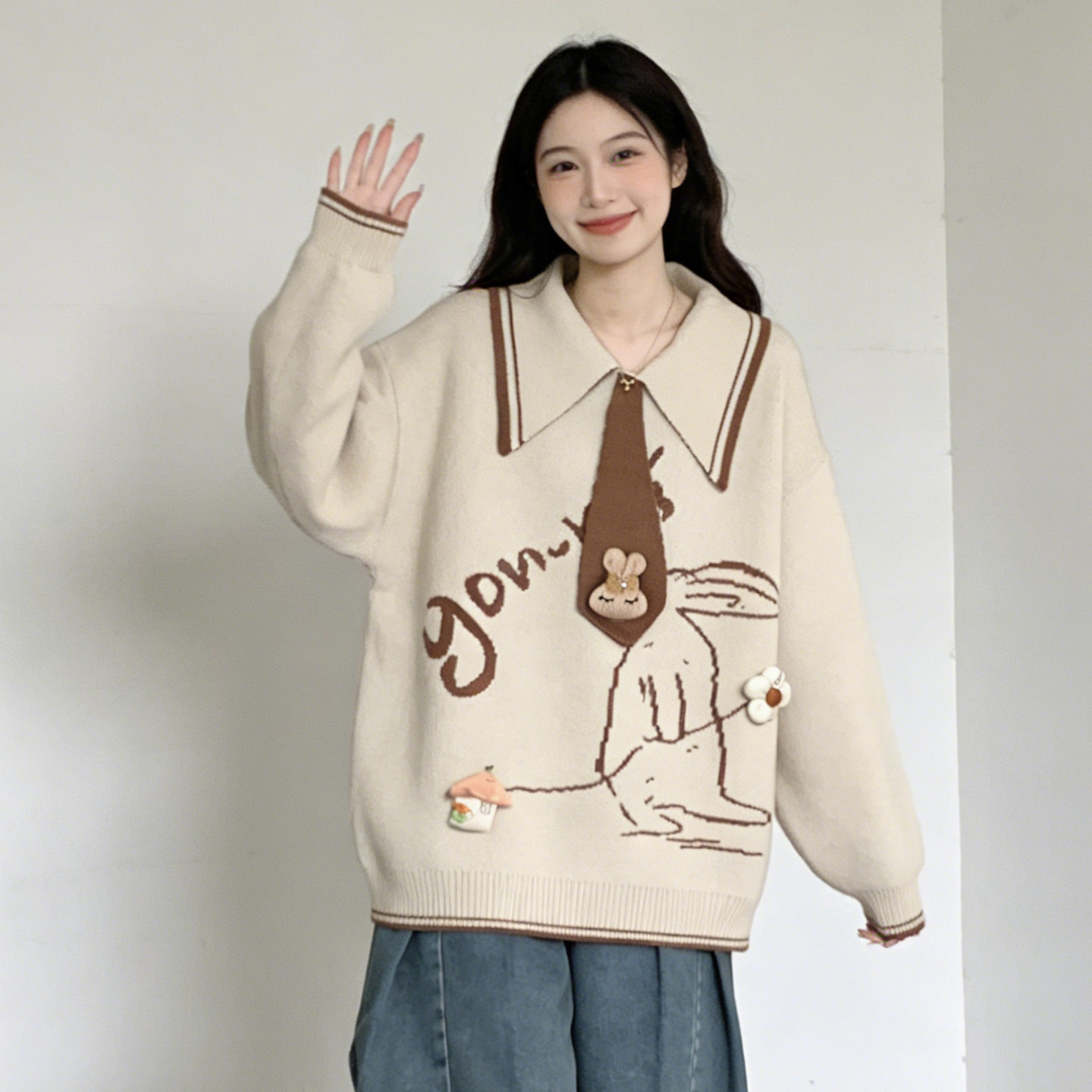 大码胖mm学院风Polo领兔子刺绣软糯针织衫女宽松减龄毛衣洋气上衣