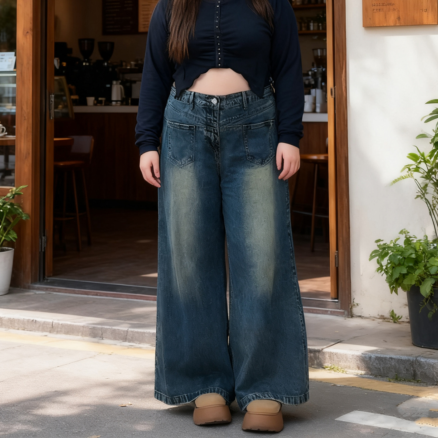 大码复古水洗高腰阔腿牛仔裤女