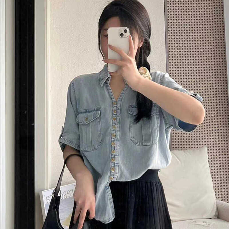 大码女装学院风天丝牛仔衬衫女