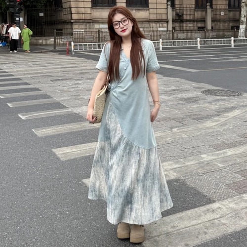 学院风泼墨V领拼接短袖连衣裙女