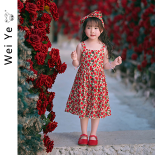 薇爷原创 玫瑰小花园 甜美公主女童宝宝红色复古连衣裙套装