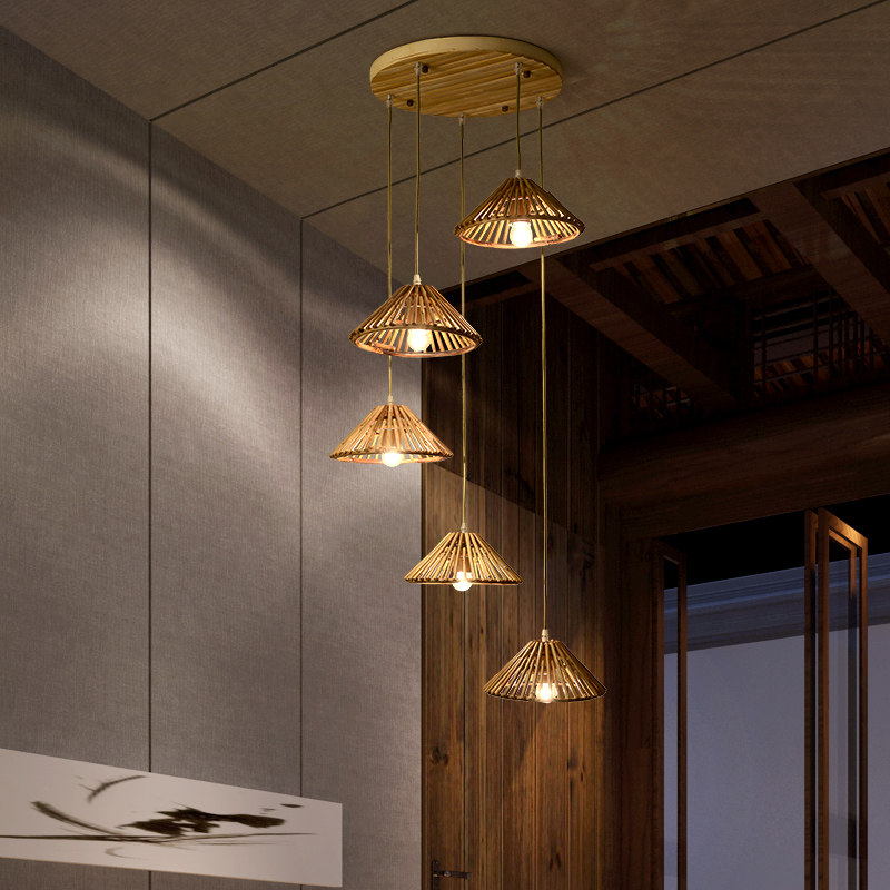 竹子茶桌组合吊灯功夫茶几新中式竹编灯简约现代客厅餐厅竹艺小灯
