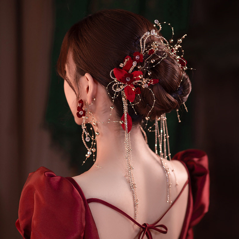 新款新娘头饰酒红色花朵对夹耳环套装水钻流苏发夹敬酒服配饰品