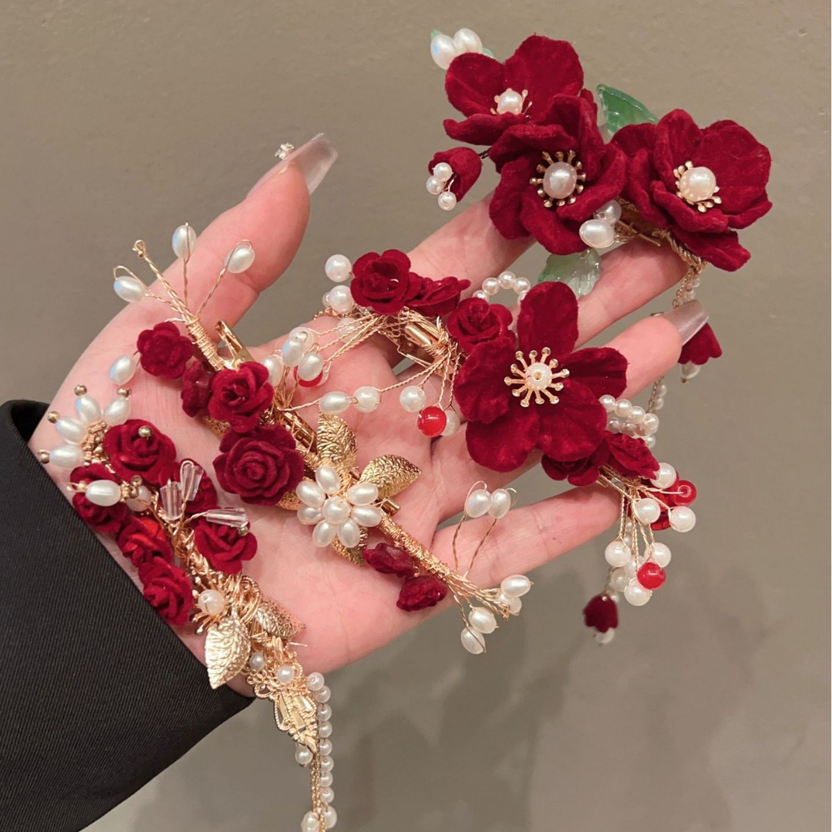 新娘头饰订婚流苏花朵发夹女新年鸭嘴夹子新中式旗袍盘发红花边夹