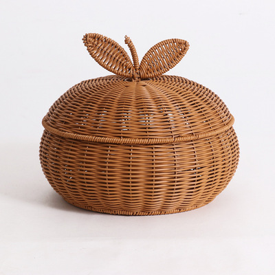 南瓜造型仿藤手工编织带盖子厨房收纳水果篮鸡蛋馒头筐家用收纳盒