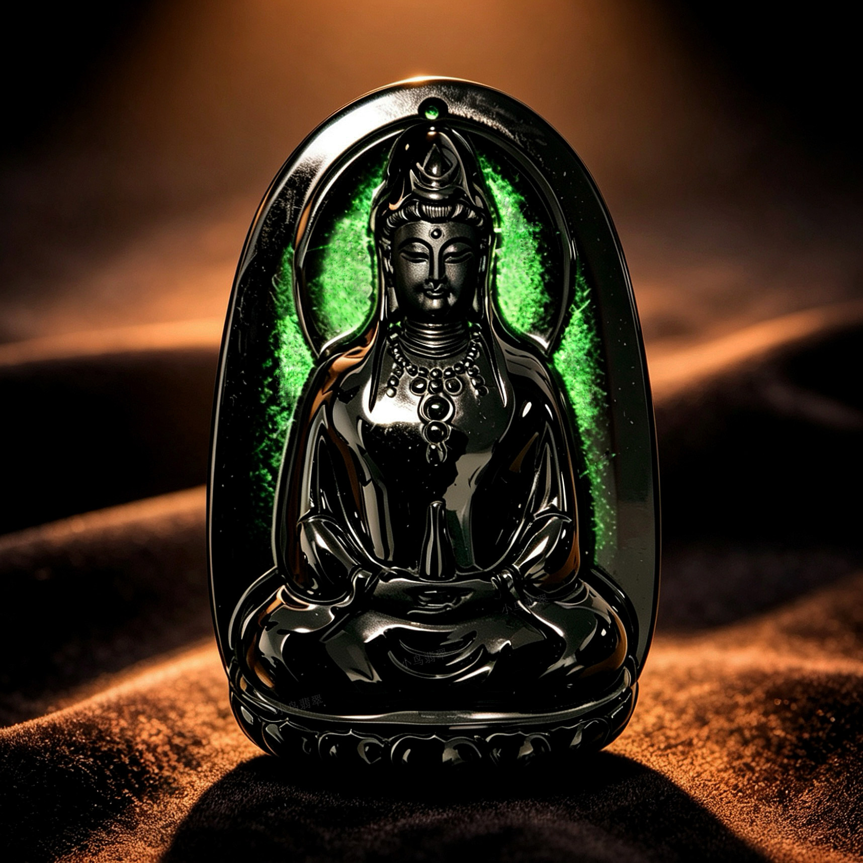 纯天然A货冰种阳绿翡翠墨翠素衣观音吊坠 玉石玉器菩萨牌子带证书
