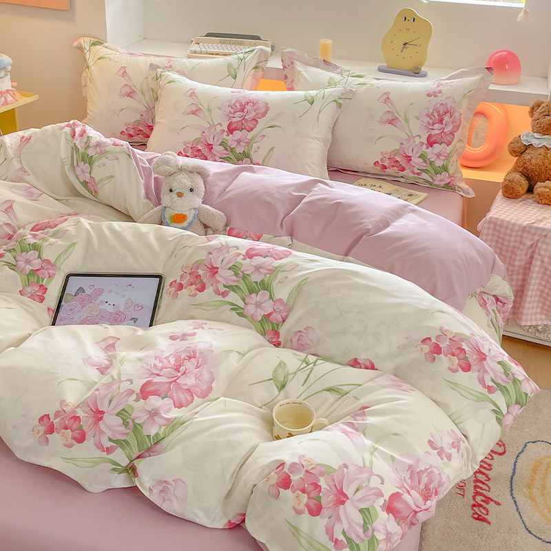 轻奢国风纯棉四件套全棉床单被套田园大花浅色ins风牡丹简约清新