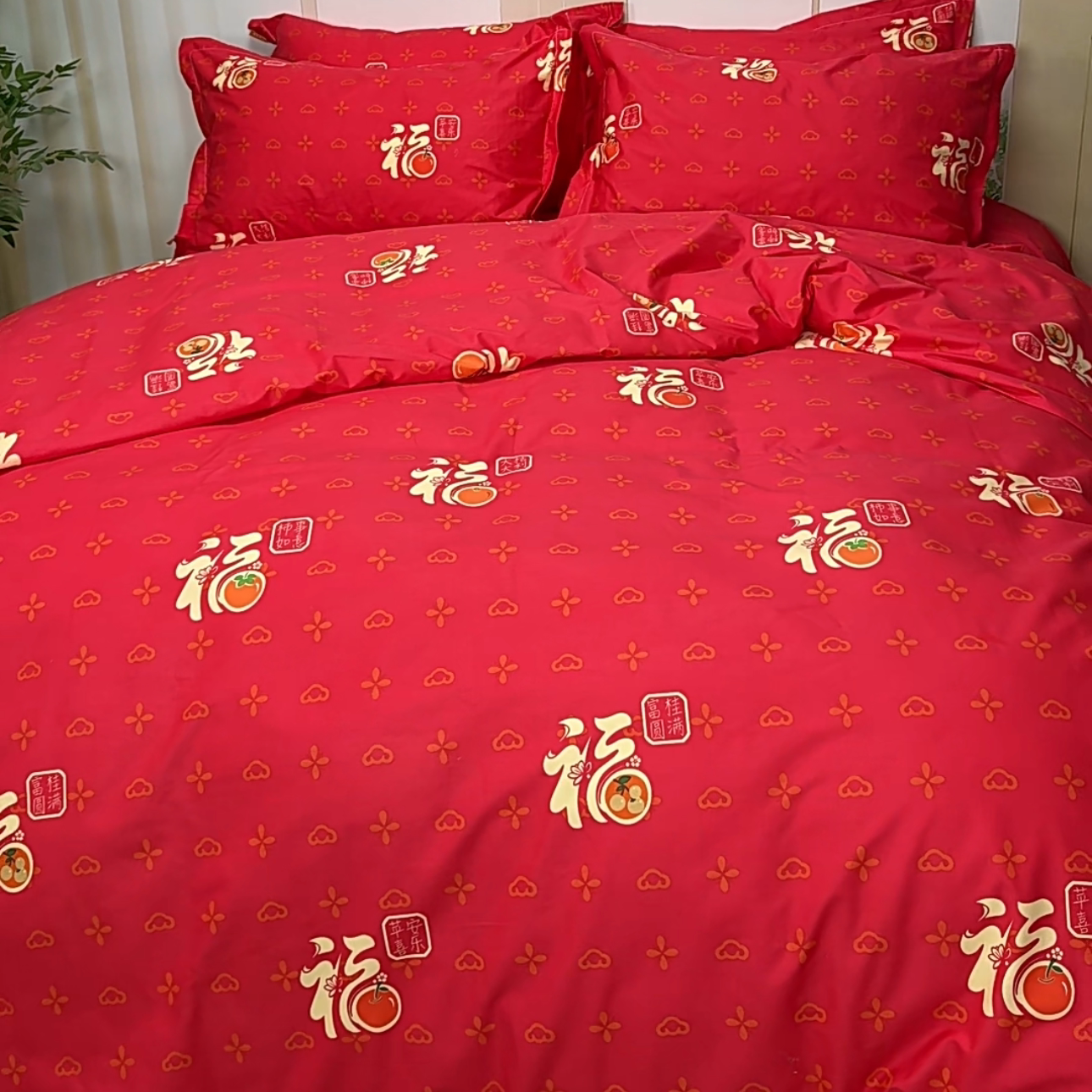 100%棉大红色全棉四件套百福字被套纯棉斜纹加厚床单高档国风土炕