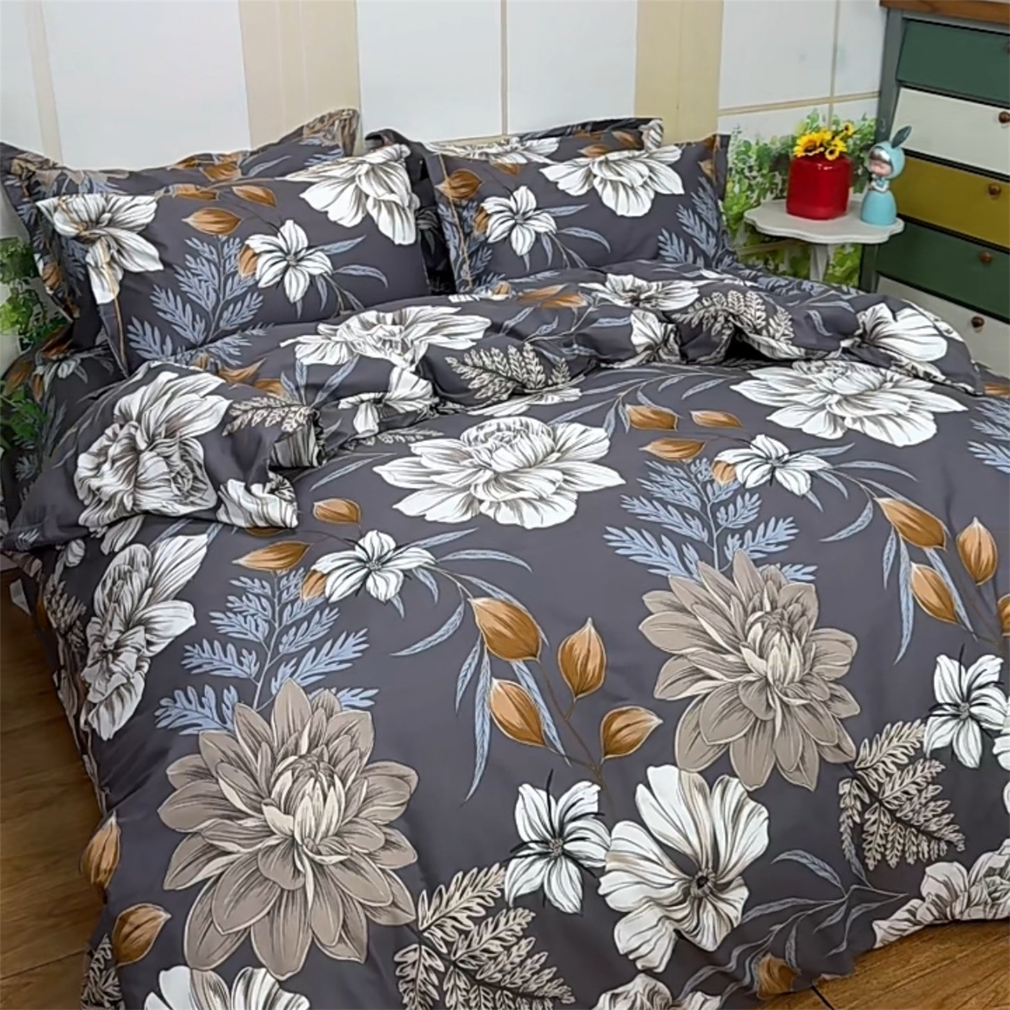 灰色简约田园床上用品四件套全棉床单纯棉被套耐脏轻奢中国风大花