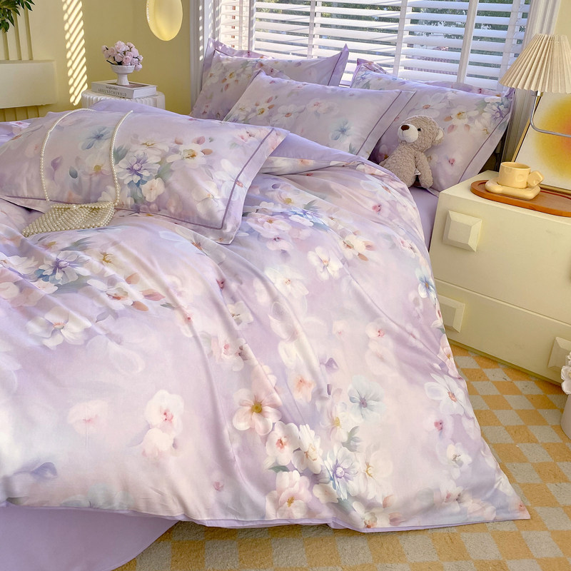 浪漫紫色大花四件套全棉纯棉简约田园轻奢桃花床单被套柔软桃花3D