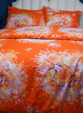亮色个性大花床上四件套纯棉100全棉床单被套橙色中国风复古高档