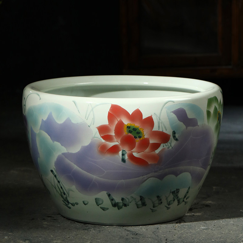 高身杯陶瓷鱼缸品茗杯流水喷泉金鱼缸釉下五彩荷花缸乌龟睡莲缸