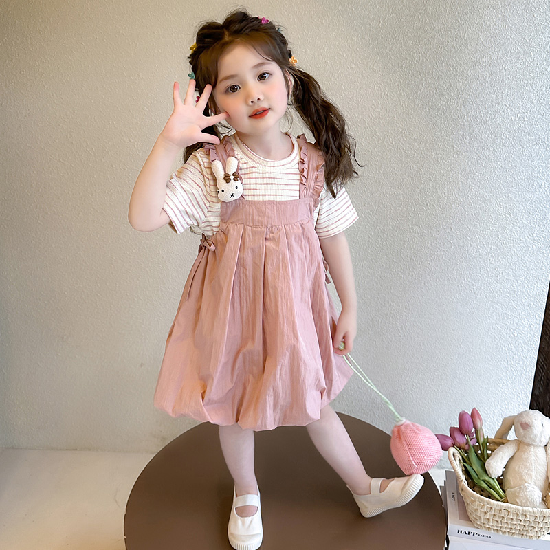 女童长款背带裙套装夏装2025新款女宝宝洋气连衣裙夏款时尚礼服裙