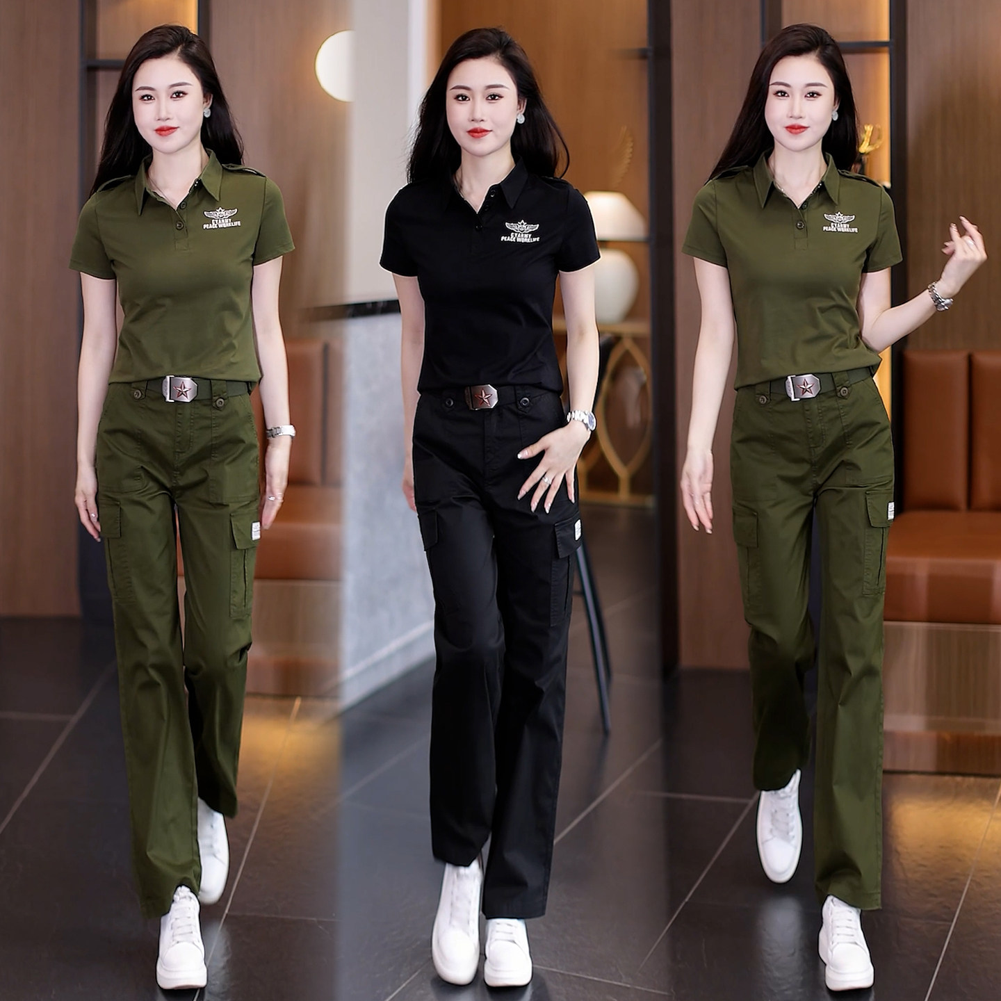 迷彩服套装女短袖T恤军绿直筒裤