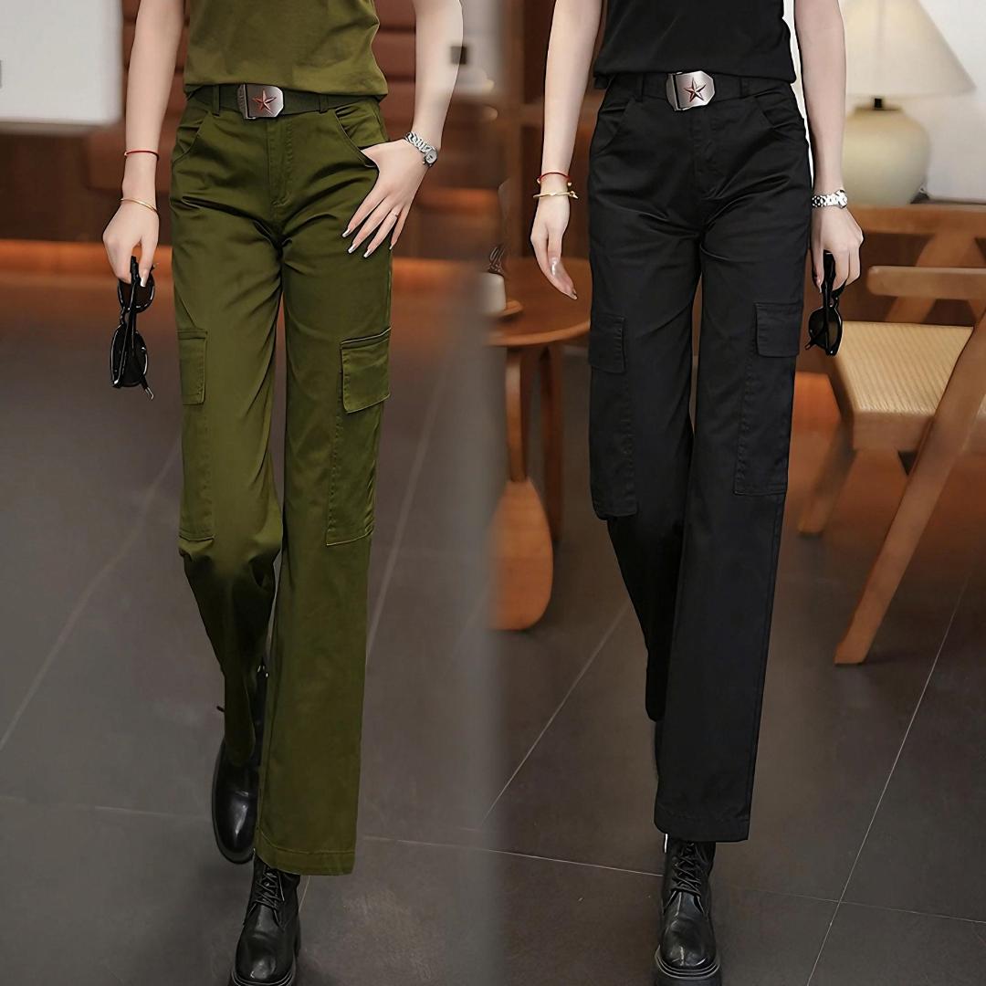 迷彩服工装裤女夏季新款高腰多口袋直筒长裤军绿色宽松显瘦休闲裤
