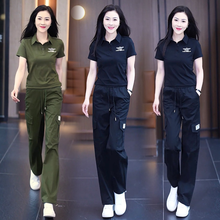 夏季新款迷彩服女黑色翻领短袖T恤休闲工装长裤套装显瘦两件套潮