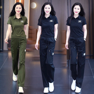 夏季新款迷彩服女黑色翻领短袖T恤休闲工装长裤套装显瘦两件套潮