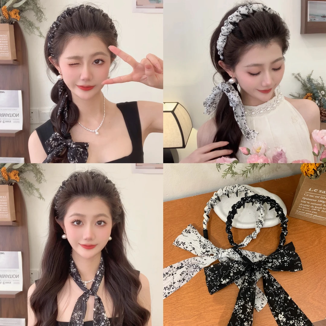 韩系甜美碎花飘带齿梳发箍女