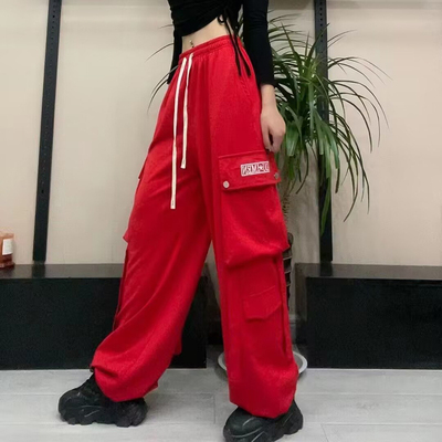 工装裤红色裤子女高腰阔腿裤长裤