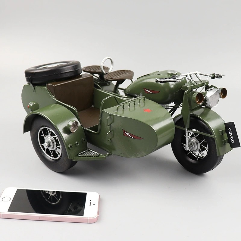 仿真长江750挎斗车模型复古铁艺偏三轮侉子摩托车橱窗收藏品摆件