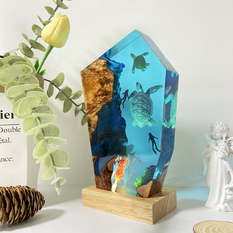 海底世界母子海龟和情侣潜水员珊瑚礁小夜灯床头灯氛围灯摆件礼物