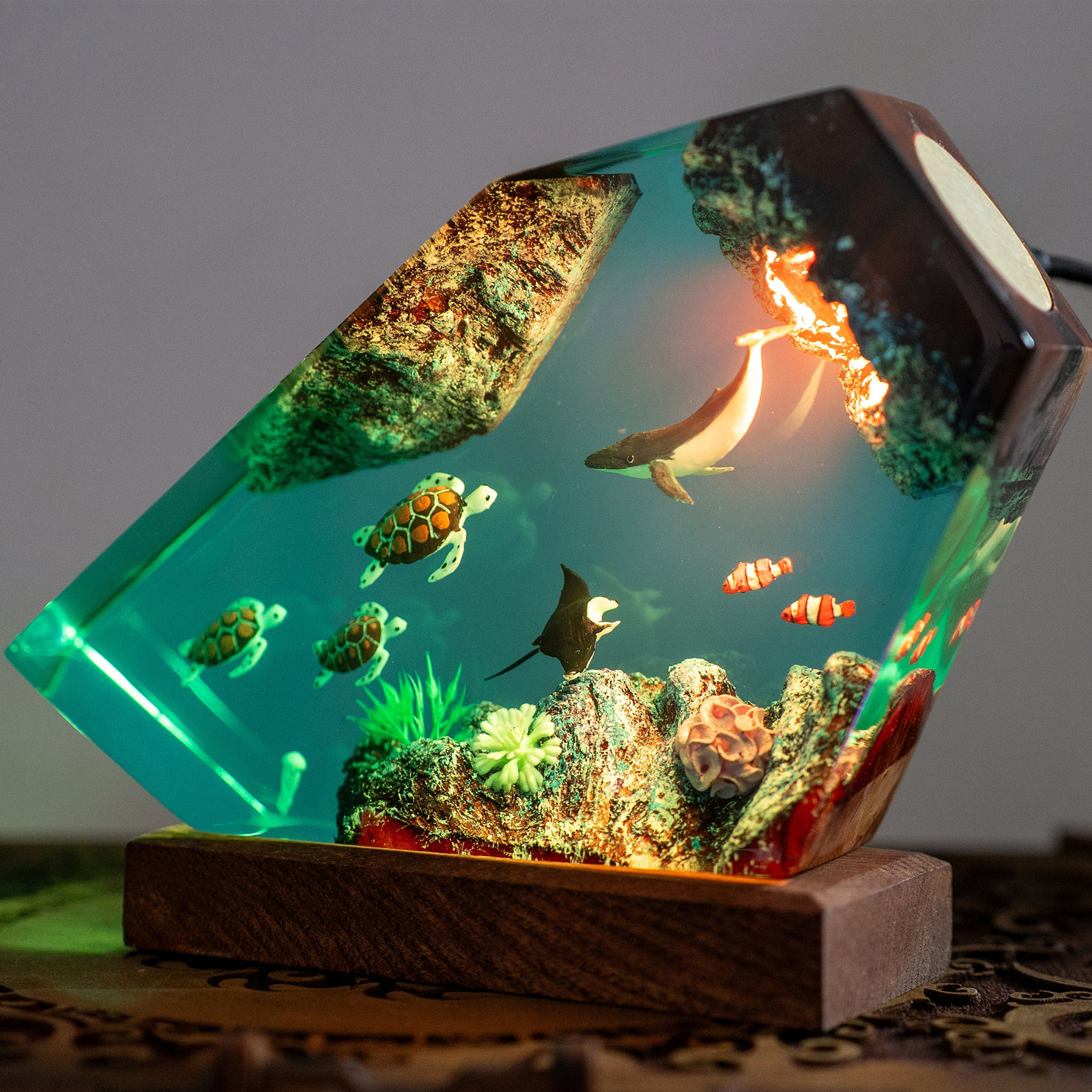 海底世界景观座头鲸鱼海龟魔鬼鱼热带鱼珊瑚礁小夜灯氛围灯摆件
