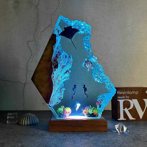 海底世界Resin Wooden Lamp魔鬼鱼情侣潜水员小夜灯氛围灯礼物