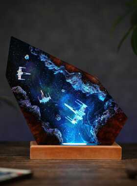 手作星球大战宇宙飞船星际飞船木制底座树脂小夜灯氛围灯摆件礼物