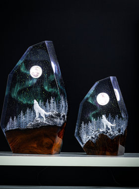 星空下北极光雪狼啸月森林环氧树脂小夜灯床头灯氛围灯摆件礼物