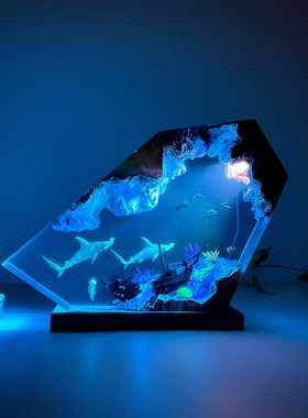 海底世界景观双髻鲨锤头鲨潜水员沉船树脂实木小夜灯氛围灯摆件