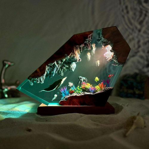 海底世界景观溶洞座头鲸鱼水母章鱼热带鱼珊瑚礁小夜灯床头灯摆件