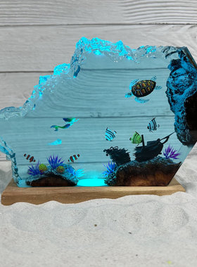 海底世界景观美人鱼海龟珊瑚沉船热带鱼海浪小夜灯床头氛围灯摆件