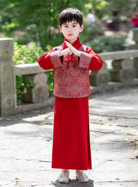 儿童清朝满族阿哥贝勒服红色古装男孩学校民国公子少爷马褂演出服