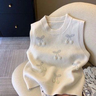 女士显瘦叠穿毛衣背心上衣潮 马甲大码 2025春秋新款 重工钉珠针织衫