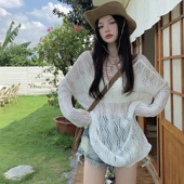 女夏季 薄款 设计感小众宽松防晒罩衫 辣妹镂空V领针织衫 长袖 t恤上衣