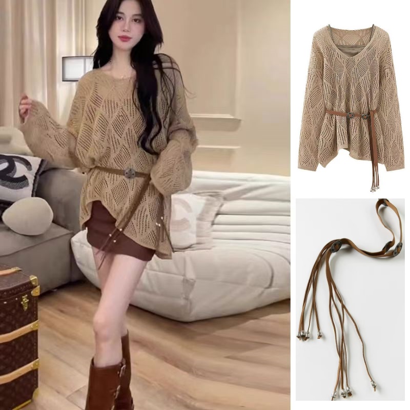 镂空针织衫女春夏季欧货设计感纯色菱形格慵懒风毛衣打底防晒罩衫