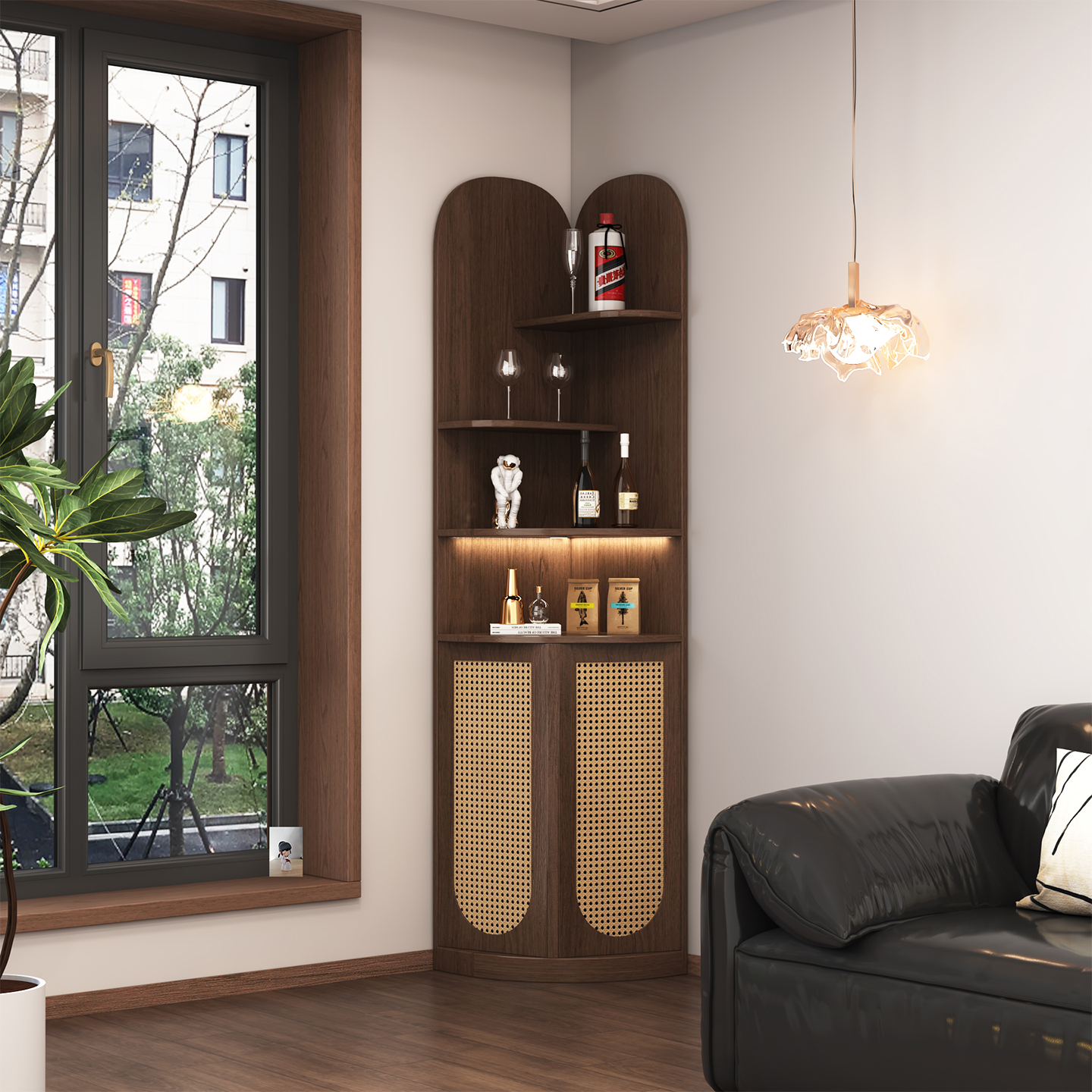 客厅收纳角柜现代简约墙角置物架转角柜一体沙发靠墙落地扇形书架