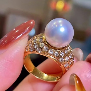 岚心珠宝18K黄金10.6mm南洋白珠钻石戒指圈 天然珍珠古典手指环