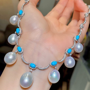 岚心珠宝18K金南洋海珠睡美人钻石套链 蓝松石珍珠项链 晚宴礼服