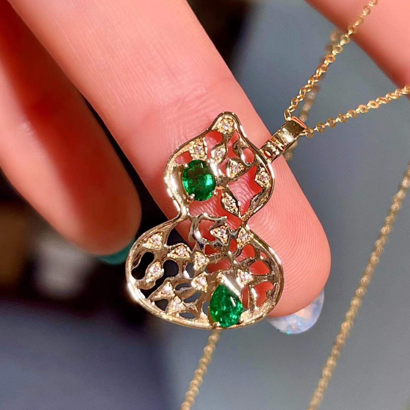 岚心珠宝18K黄金0.29ct祖母绿葫芦吊坠 福禄寿项链坠 好寓意 礼物