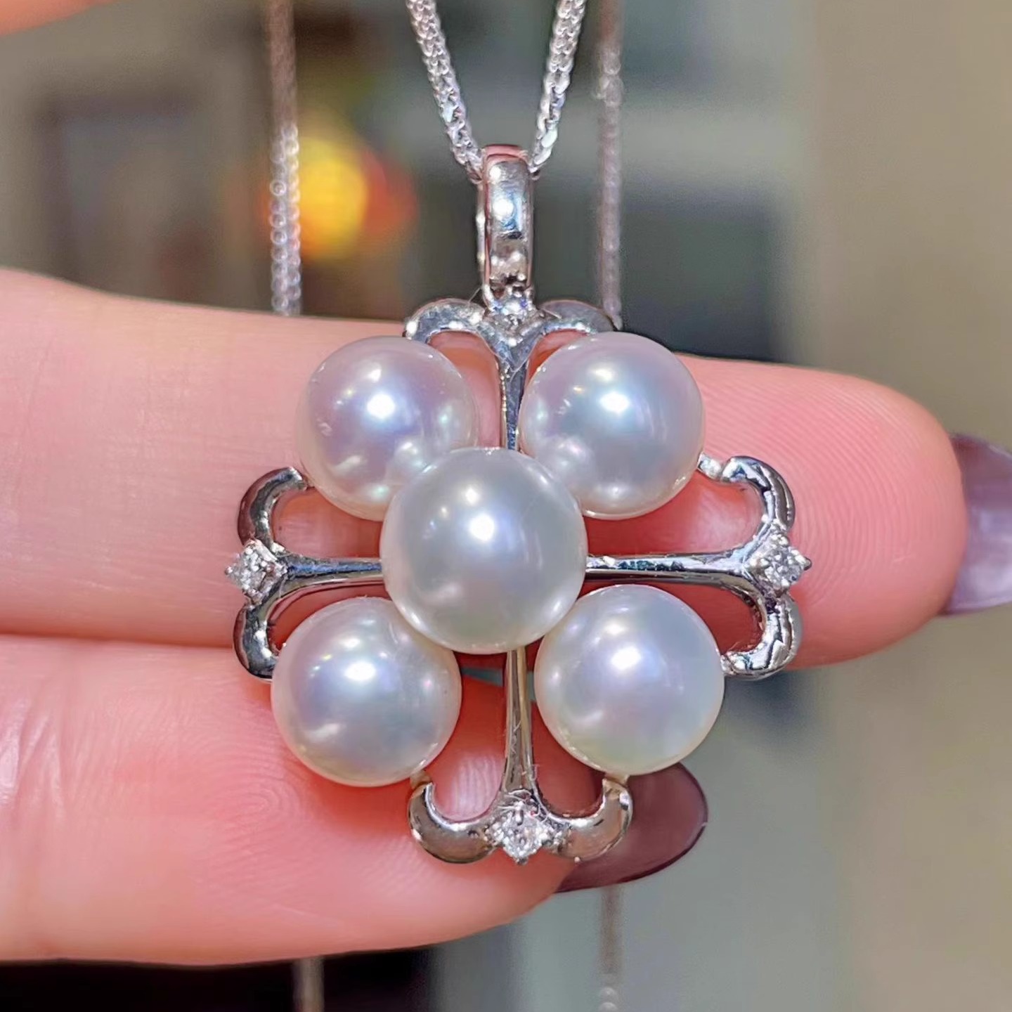 岚心珠宝18K白金akoya海水珍珠钻石吊坠 正圆7-7.5mm海珠女项链坠