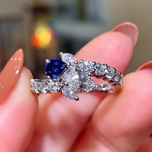 岚心珠宝PT900铂金0.36ct天然水滴蓝宝石钻石戒指圈 奢华女钻戒环