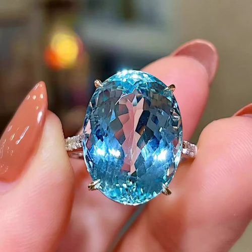 岚心珠宝18K白金11.40ct海蓝宝钻石戒指圈 经典大气手指环女戒子