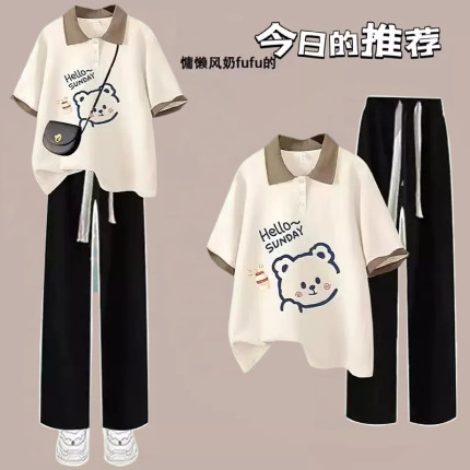 10-17岁初中学生薄款套装女2026夏季polo领大童少女短袖T恤两件套
