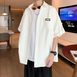 衬衣男款 男夏季 潮牌宽松大码 上衣5X 休闲帅气半袖 短袖 2025新款 衬衫