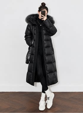 立狐黑色过膝加厚保暖鹅绒服女